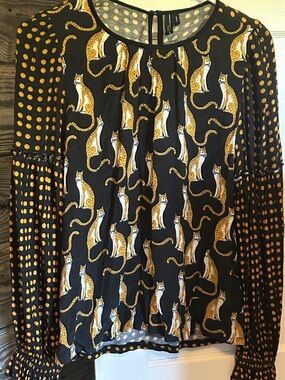 Womens Black & Mustard Cheetah Print Long-Sleeve Blouse